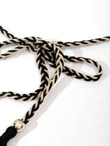 1pc Handmade Woven Extra Long Black Waist Rope - Dark Beige - View 5