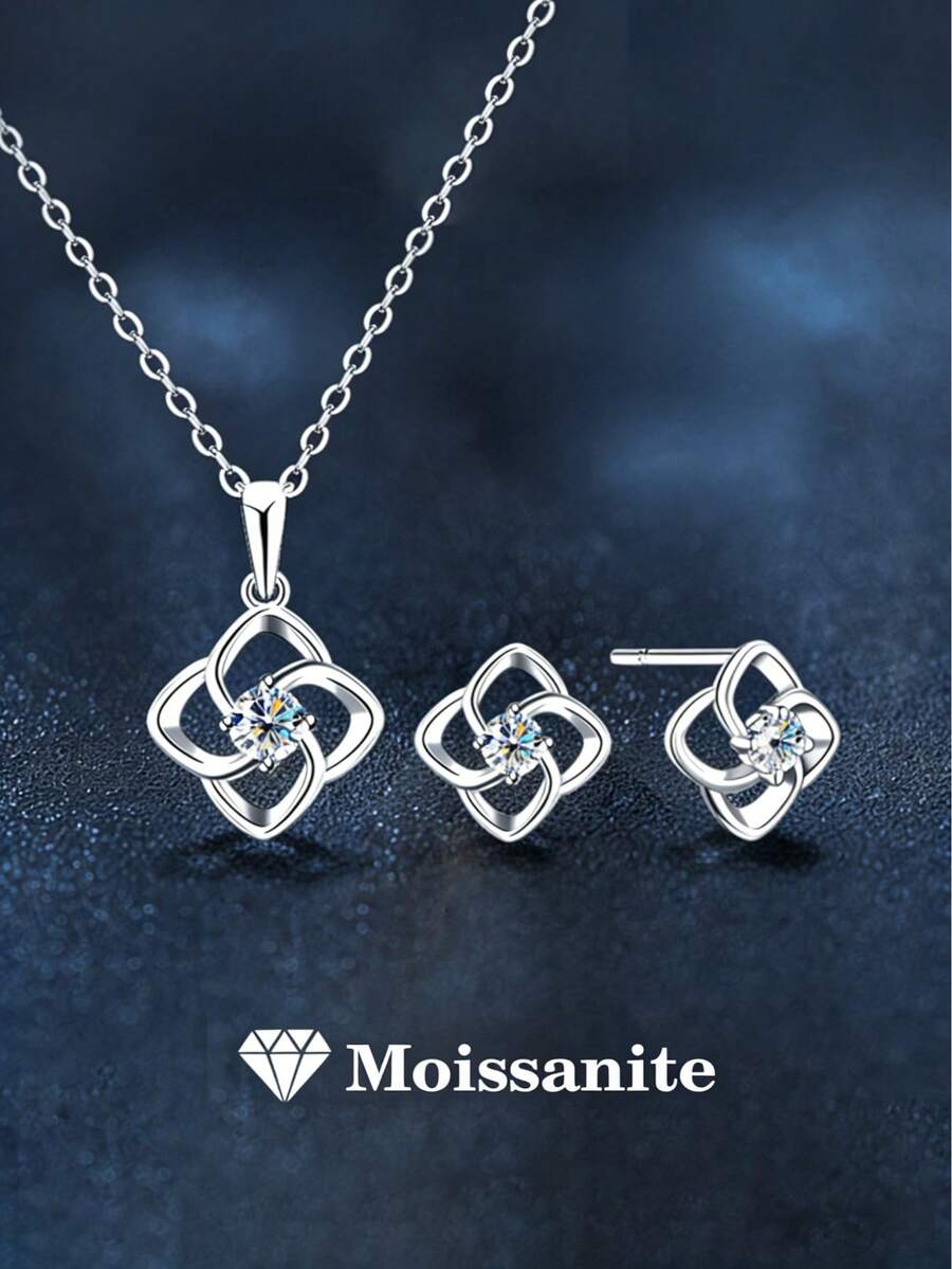 Bộ 3 món trang sức bạc 925 đính đá Moissanite 0.5ct, gồm bông tai và dây chuyền, thích hợp cho nữ giới đeo hàng ngày, dự tiệc, đi nghỉ mát, kỷ niệm ngày cưới, quà tặng trang sức sinh nhật. - Bạc - Xem 1
