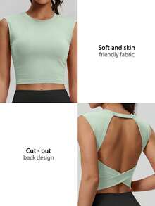 NcmRyu 1件装 女士圆领交叉露背弹力运动背心 - 綠色 - 查看 4