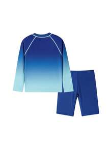 Annil 【高弹渐变两件式泳衣】男童专业游泳比赛训练泳衣休闲长袖泳衣和泳裤套装 - 綠調花 - 查看 2