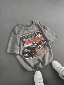 Retro DaleS Earnhardt #3 NASCARS 7 Championships Racing Car Graphic Tee,Casual Print,Comfortable And Versatile,Pure Cotton 220g Washed Printed T-Shirt - 灰色 - 查看 12