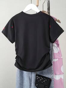 1pc Girls' Loose Casual Outdoor T-Shirt, Korean Style Sweet & Spicy, Cherry Decor, Ruched Waist, Round Neck, Summer - Black - View 3