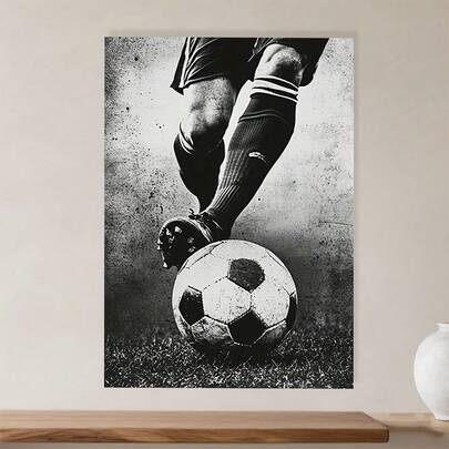 1张足球运动员海报 - 无框黑白运动装饰画，动感足球动作艺术印刷品 - 现代帆布墙面装饰，适用于客厅、办公室、男士专属空间、运动酒吧 - 足球迷的理想礼物，足球主题礼品，质感艺术品，家居装饰，防水艺术品
