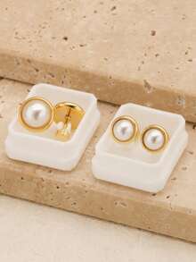 1 Pair/2pcs Minimalist Retro Round Button Faux Pearl Earrings, Women's Stainless Steel Jewelry (No Gift Box) - Gold - View 8