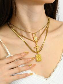 3pcs Stainless Steel Gold-Tone Pendant Necklace Set With Cross Element, Fashionable Design Suitable For Women's Daily Wear, Festivals, Engagement, Wedding Gifts - Gold - View 4