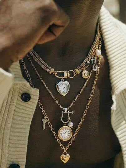 Bộ 3 món dây chuyền mặt hình trái tim và đồng hồ hình học cổ điển, dây chuyền kim loại đính ngọc trai giả, thích hợp cho nam giới đeo hàng ngày, dự tiệc, lễ hội, lễ hội âm nhạc.