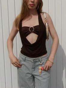Women Layered Bandeau Cowl Neck Top Metal Circle Halter Tank Top Sexy Backless Crop Tops Summer Sleeveless Slim T-Shirts For Party Streetwear - nâu sẫm - Xem 1