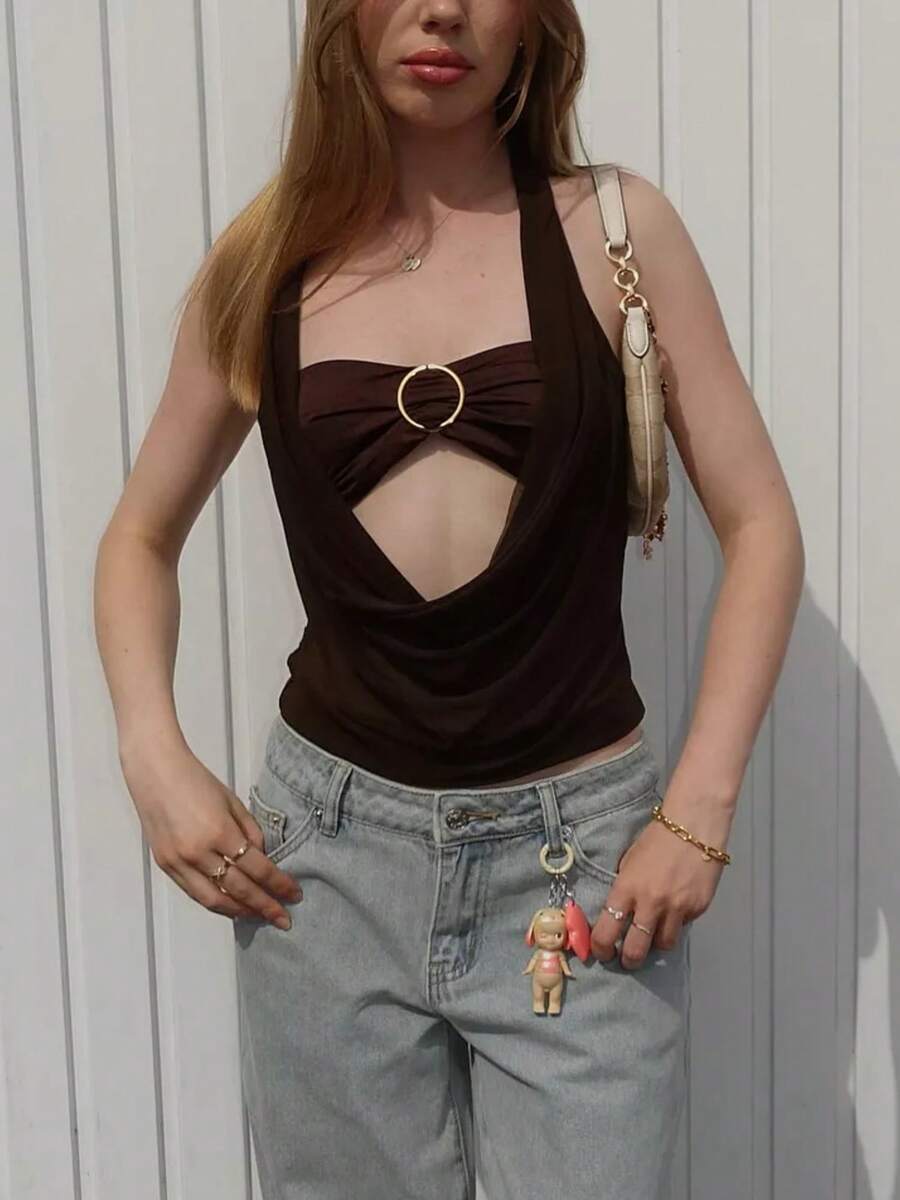 Women Layered Bandeau Cowl Neck Top Metal Circle Halter Tank Top Sexy Backless Crop Tops Summer Sleeveless Slim T-Shirts For Party Streetwear - nâu sẫm - Xem 1