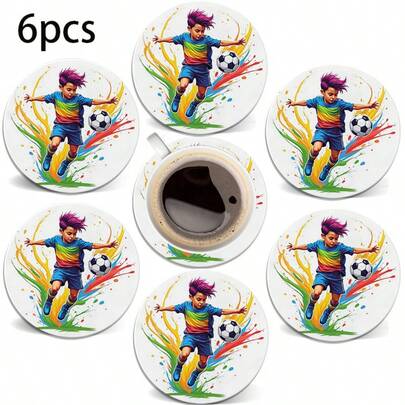 6个2D打印足球运动赛事图案圆形PET杯垫，适用于庭院、厨房、客厅、家庭聚会餐桌装饰，节日送给亲朋好友的礼物，也适合情人节、婚礼、生日派对家居装饰，是送给朋友的最佳礼物。