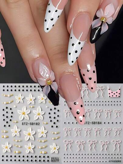 2pcs Cute Pink Bow Floral Petal Nail Stickers 5D Embossed White Flower Black Polka Dots Golden Beads Pearls Chain Line Spring Summer Nail Art Decals Japanese Style Wedding Nail Supplies DIY Holiday Nail Charms Decorations