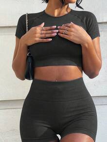 2 PCS Womens Workout Sets Seamless Acid Wash Yoga Outfits Shorts And Crop Top Matching Gym Athletic Clothing Set - Black/Blue - View 4