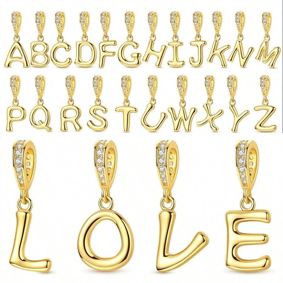 1个A-Z字母吊坠，金色LOVE字母垂坠吊坠，适配原装手镯，DIY首饰礼物 - 金黃色 - 查看 1