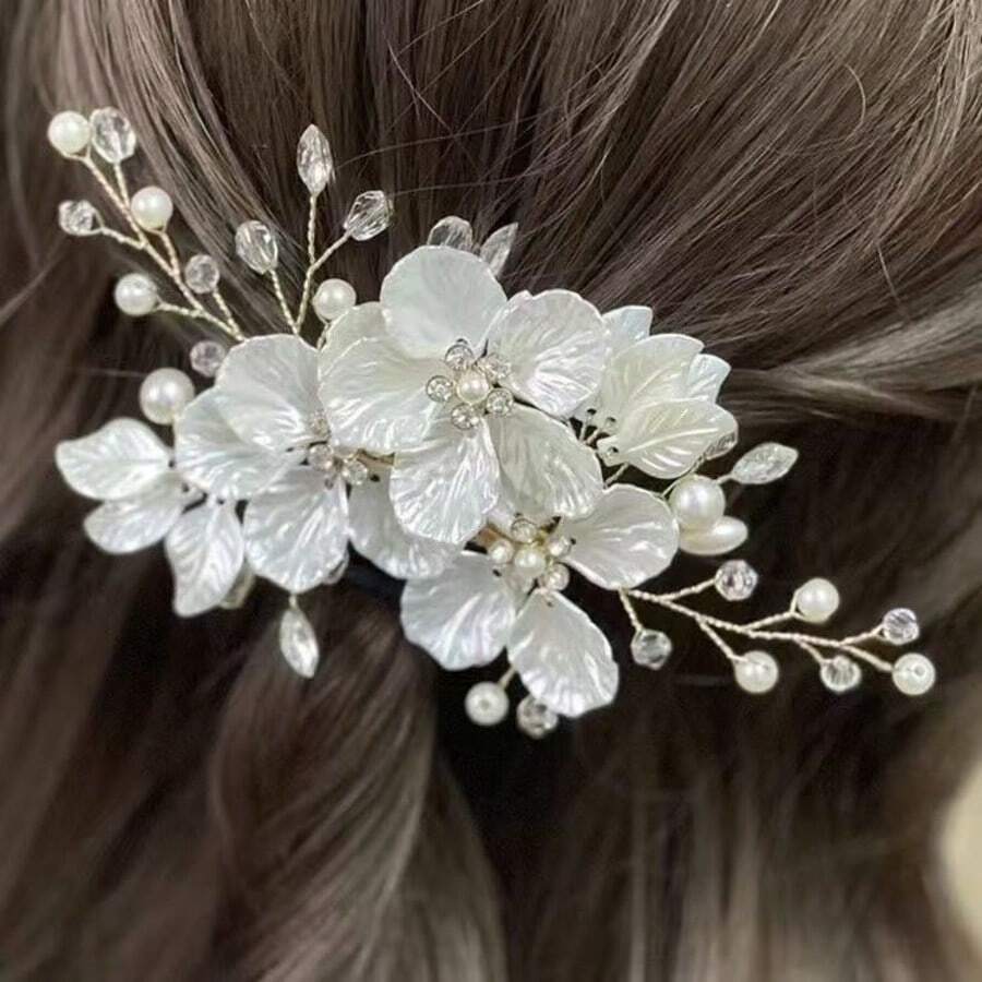 1pc Handmade Floral Crystal Bridal Hair Clip - White - View 1