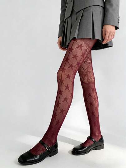 时尚性感不对称五角星提花镂空网眼连裤袜
