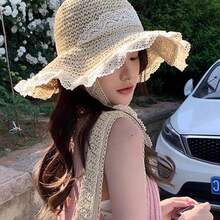 1顶新款丝带系带镂空草帽，女士夏季旅行防晒沙滩帽 - 彩色 - 查看 7