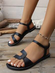 Sandali piatti eleganti e comodi da donna per l'estate, stile retrò, con cinturino alla caviglia elastico, bianchi e versatili, sandali minimalisti a doppia fascia con punta aperta, chic per uso casual e pendolarismo - nero - Visualizzare 6