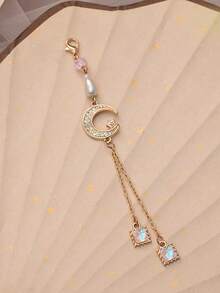 合金月亮星星流苏钥匙扣，1 件装可爱粉色珠子仿珍珠和彩虹水晶方形吊坠包包挂件（女士款） - 夢幻星月流蘇一個 - 查看 3