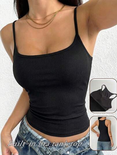 Women's Solid Color Casual Camisole - Black Round Neck Spaghetti Strap Fashionable Sexy Top With Non-Detachable Padding