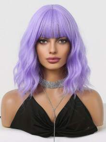 FIVE STARS Purple 14 Inch Short Curly Bob Wigs With Bangs For Women,Heat-Resistant Synthetic Fiber Hair,Wigs For Daily Party Cosplay Wear Music Festival - 紫色 - 查看 1
