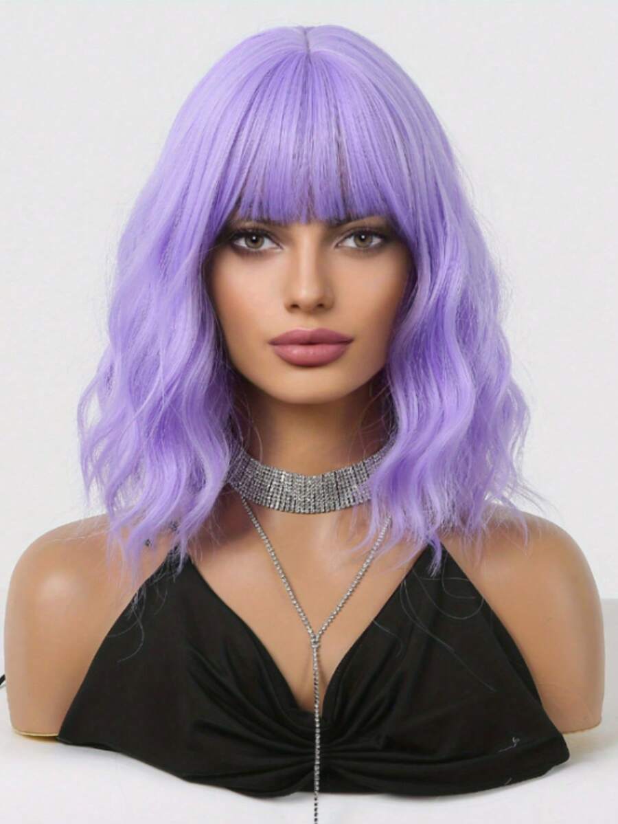 FIVE STARS Purple 14 Inch Short Curly Bob Wigs With Bangs For Women,Heat-Resistant Synthetic Fiber Hair,Wigs For Daily Party Cosplay Wear Music Festival - 紫色 - 查看 1