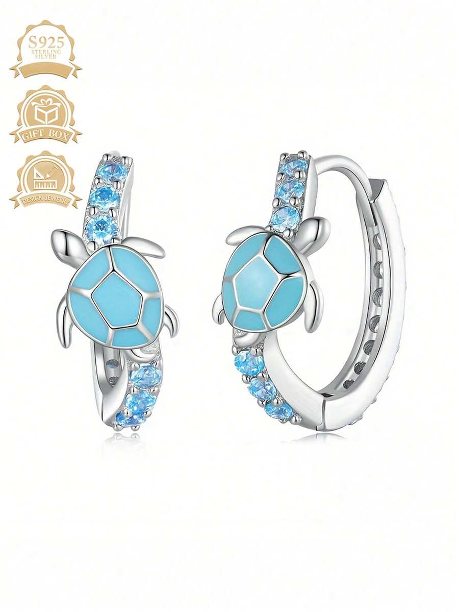 2pcs Blue Zirconia Sea Turtle Earrings, Ocean Style Fashion Jewelry Gift For Women - Silver - View 1