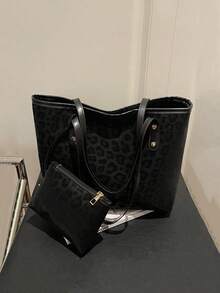 两件装女士大容量豹纹手提包，时尚复古PU单肩包，适合女大学生、新人及上班族女性，可用于办公室、大学、工作、商务、通勤、户外、旅行、野餐等各种场合。另有豹纹女包和豹纹退货商品可供选择。 - 黑色 - 查看 1
