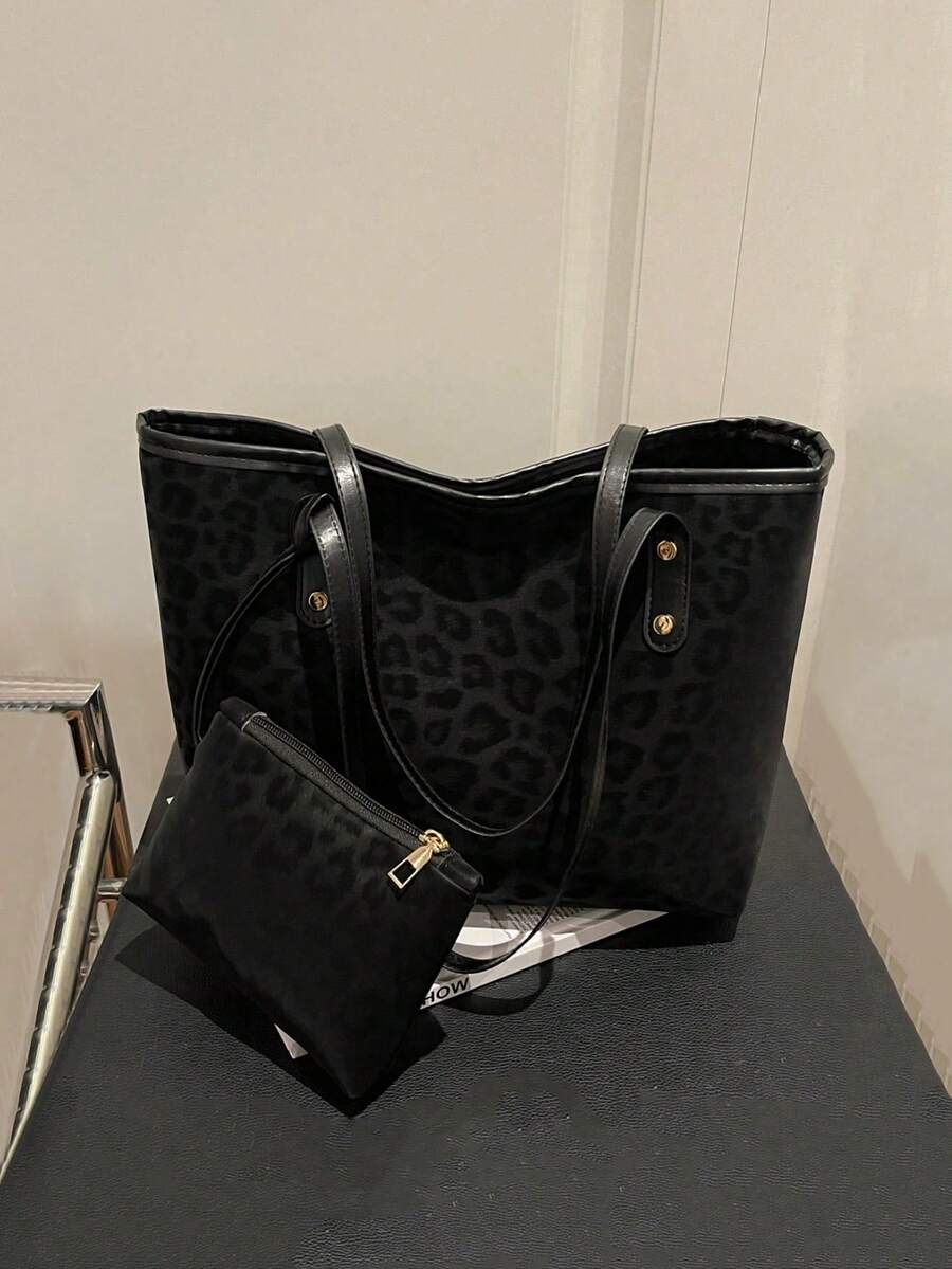 两件装女士大容量豹纹手提包，时尚复古PU单肩包，适合女大学生、新人及上班族女性，可用于办公室、大学、工作、商务、通勤、户外、旅行、野餐等各种场合。另有豹纹女包和豹纹退货商品可供选择。 - 黑色 - 查看 1
