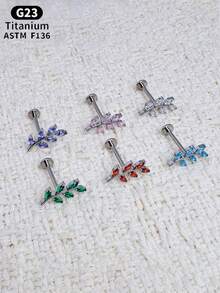 1 pieza Pendiente de titanio con rosca interna plana, diseño de hoja con circonita cúbica de corte pera 5A, anillo de cartílago, trago, nariz y labio con forma de hoja de titanio G23 para oídos sensibles, joyería de perforación unisex - 1 pieza de titanio - Ver 4