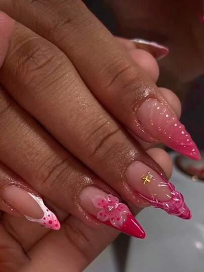 Mejora instantáneamente tu apariencia con el kit de 24 piezas de uñas postizas con decoración de flores 3D y patrones de concha 3D en color rojo francés, adecuado para chicas y mujeres elegantes y refinadas para usar en la vida diaria y de compras