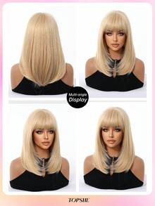 TOPSHE 14英寸蓬松柔软金色假发，直发波波头造型，耐热合成假发，适合女性刘海、日常佩戴、角色扮演、万圣节派对，适合初学者 - 金色 - 查看 8