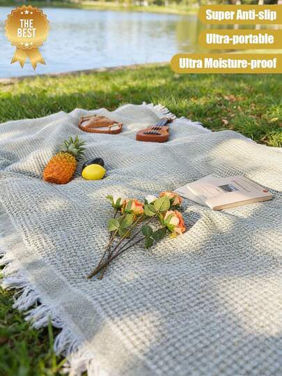 Thickened Waterproof Non-Slip Portable Picnic Mat With Tassels, Suitable For Spring Camping, Outdoor, Family Picnic, Beach, Lawn, Travel, Hiking And Other Daily Activities