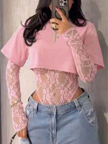 Women's Sexy Sheer Lace Short Sleeve Crop Top, Solid Color Lace Patchwork See-Through Sexy Bodysuit For Daily Wear, Dating, Single Party, Stage Performance, Spring/Summer Pink - Pink - View 7