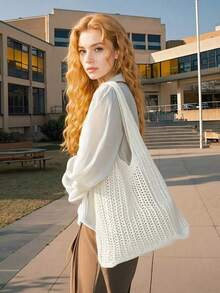 夏季度假沙滩包，大容量手提包，优雅女士时尚单肩包，旅行包，旅行必备品，伴娘礼品袋，大学生午餐包，商务女性，情人节礼物，沙滩 - 白色 - 查看 5