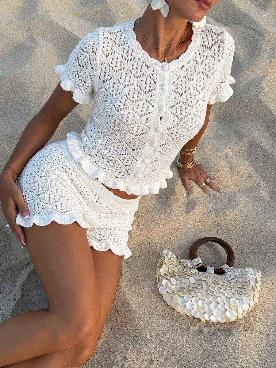 女士夏季度假两件套钩针镂空性感无袖针织开衫+短裤套装 - 女士度假两件套，钩针镂空性感修身套装 白色 - 白色 - 查看 1