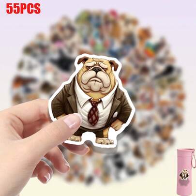 55pcs Cute Bulldog Puppy Stickers, Suitable For Decorating Laptops, Water Bottles, Luggage, Helmets, Motorcycles, Guitars, Phones, Bicycles, Scrapbooks, Skateboards - Perfect As Party Favors, Rewards And New Year Gifts