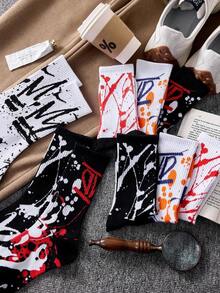 4 Pairs Of Men's Colorful Stylish Street Style Doodle Crew Socks, Random Colors, Fall - 多色 2 - 查看 7