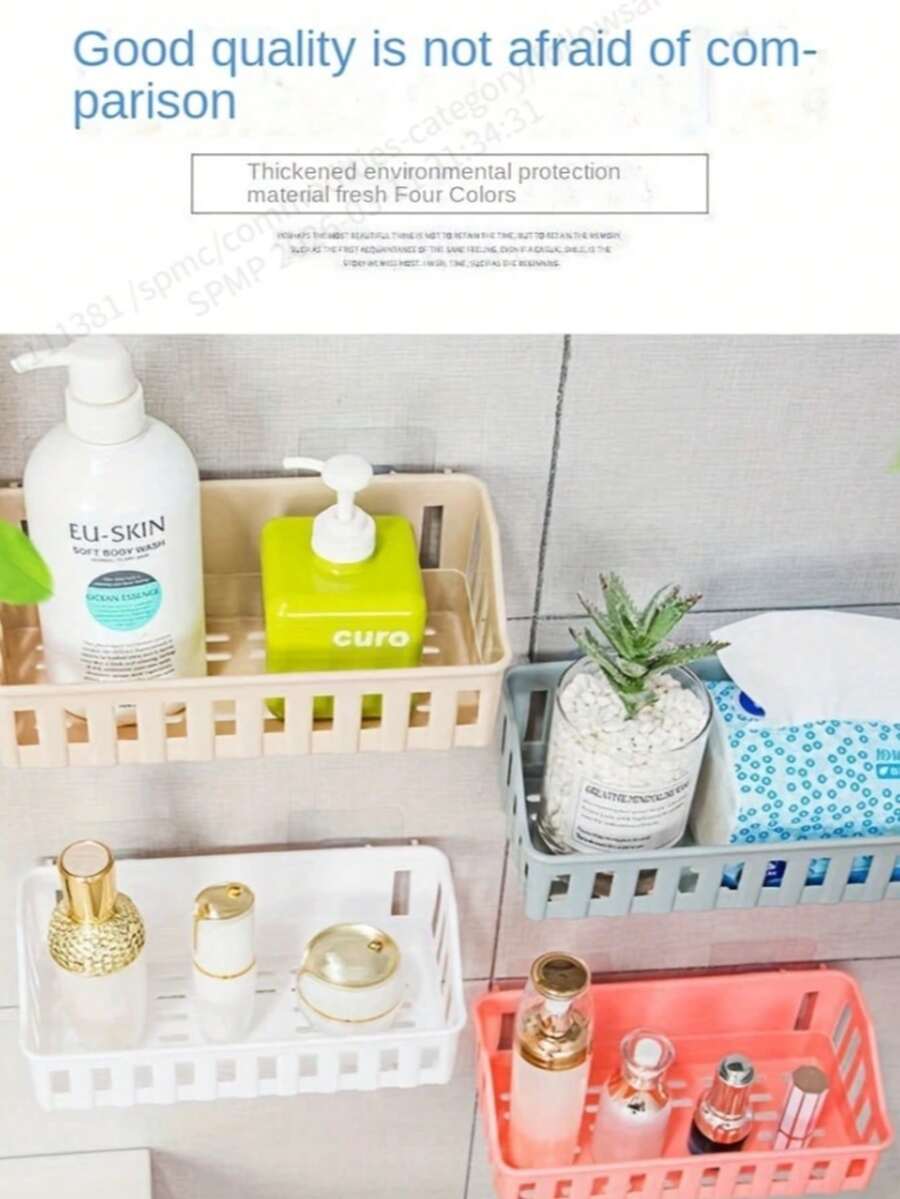 1pc Wall-Mounted Shower Caddy Organizer, Lightweight Plastic Bathroom Storage Rack, Waterproof Upgrade, No Drilling Required, Can Hold Toiletries And Cosmetics - Grey - View 1