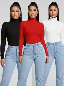 Kit Of 3 Stylish Women's Premium Ribbed Turtleneck Sweaters With Warm, Long Sleeves, Base Layer, For Winter, Copa Brasil, Core - 紅色,黑色和白色 - 查看 1