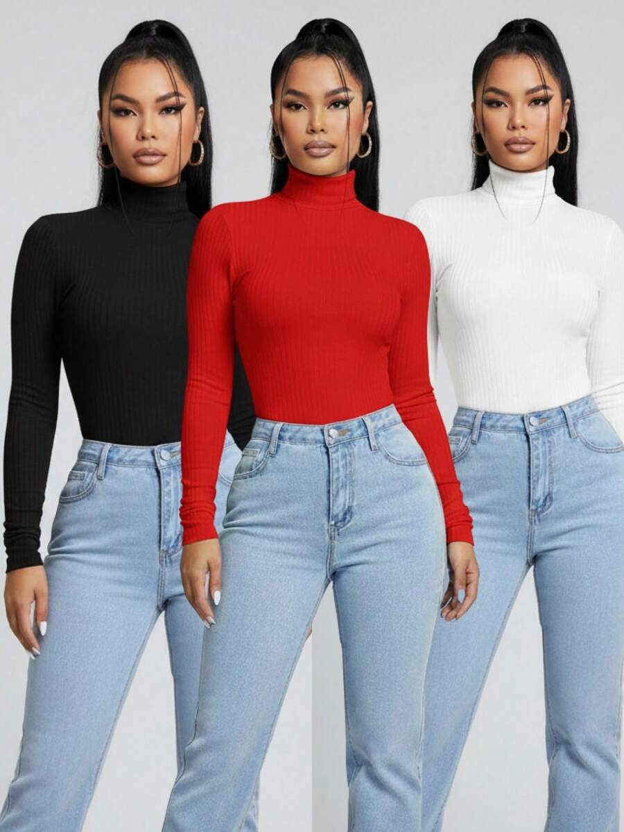 Kit Of 3 Stylish Women's Premium Ribbed Turtleneck Sweaters With Warm, Long Sleeves, Base Layer, For Winter, Copa Brasil, Core - 紅色,黑色和白色 - 查看 1