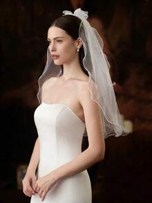 1pc Bow & Pearl Decor Bridal Wedding Short Veil, Simple Design - Beige - View 3