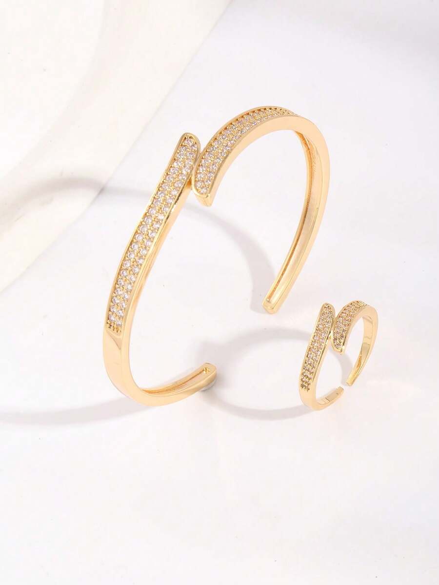 一套铜镶嵌十字架设计开口手镯和戒指套装 - 金色 - 查看 1