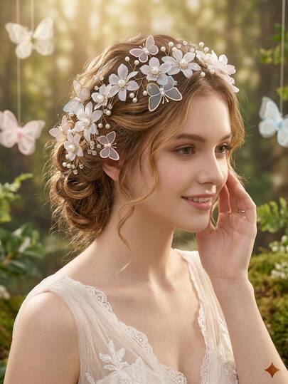 1 pieza Elegante accesorio para el cabello de mujer con mariposa y flor de perla falsa de aleación, accesorio para el cabello de novia, dama de honor, fiesta, verano, playa