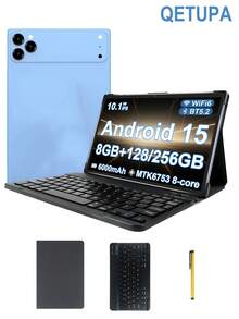 Qetupa Máy tính bảng Y40 - Mẫu flagship mới năm 2026, máy tính bảng Android 15 inch 10.1 inch kèm ốp bảo vệ, bàn phím Bluetooth và bút cảm ứng. Bộ xử lý MTK6753 Octa-Core 2.0GHz, RAM 8GB + ROM 128GB / 256GB (có thể mở rộng lên đến 1TB qua thẻ nhớ MicroSD). Màn hình cảm ứng IPS INCELL 1280*800, camera kép (5MP trước và 8MP sau), pin 6000mAh. - Màu xanh nhạt - Xem 1