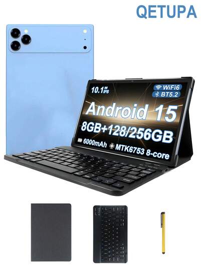  Qetupa Y40 平板电脑 - 2026 年新款旗舰级 10.1 英寸安卓 15 平板电脑，配备保护套、蓝牙键盘和手写笔。搭载 MTK6753 八核 2.0GHz 处理器，8GB 运行内存 + 128GB / 256GB 机身存储（可通过 MicroSD 卡扩展至 1TB）。1280*800 IPS 触控屏，双摄像头（前置 500 万像素，后置 800 万像素），6000mAh 电池。