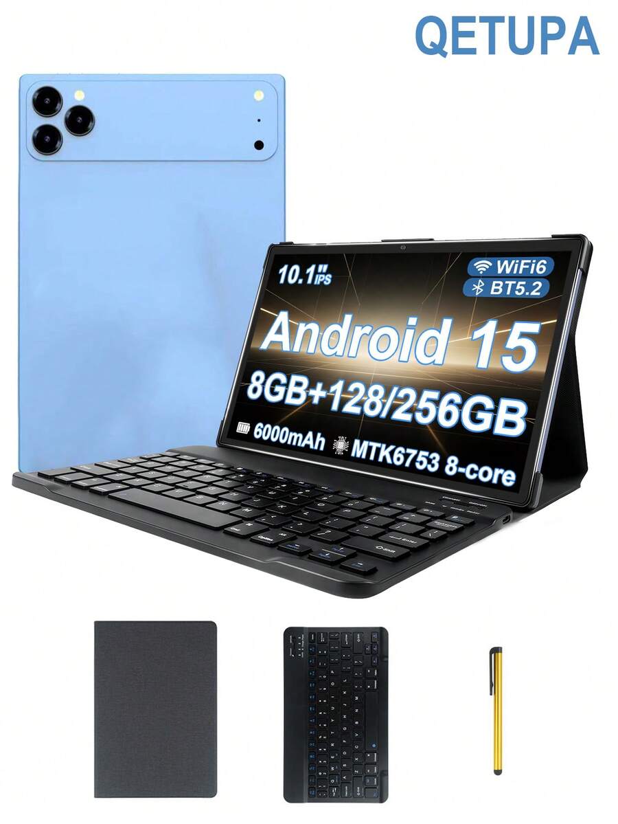Qetupa Máy tính bảng Y40 - Mẫu flagship mới năm 2026, máy tính bảng Android 15 inch 10.1 inch kèm ốp bảo vệ, bàn phím Bluetooth và bút cảm ứng. Bộ xử lý MTK6753 Octa-Core 2.0GHz, RAM 8GB + ROM 128GB / 256GB (có thể mở rộng lên đến 1TB qua thẻ nhớ MicroSD). Màn hình cảm ứng IPS INCELL 1280*800, camera kép (5MP trước và 8MP sau), pin 6000mAh. - Màu xanh nhạt - Xem 1