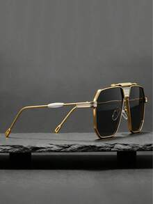 一副男士金框双梁不对称时尚眼镜，全金属材质，防晒，轻奢功能风格，非常适合街头摄影 - 亮黑 - 查看 4