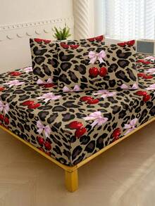 3件套豹纹樱桃图案床上用品（1个床笠+2个枕套，不含枕芯），蝴蝶印花防滑床罩，少女风蝴蝶印花床上用品，柔软亲肤 - 彩色 - 查看 5