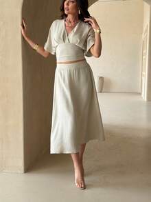 Lily House Summer Elegant Commuting V-Neck Cinched Waist Bat Sleeve Top + A-Line Skirt Two Pieces Set, Daily Elegant Casual Commuting Brunch Garden Party - Gray Apricot - View 8