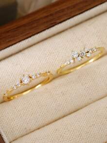 2pcs Elegant Rhinestone Decorated Ring Set, Fashionable Rings For Women, Suitable For Daily Wear - الذهبي - مشاهدة 3