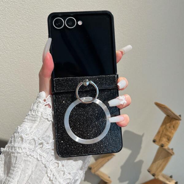 Glitter Magnetic Folding Phone Case With Ring Buckle, Compatible With Samsung Galaxy Z Flip 3 5G/Galaxy Z Flip 4 5G/Galaxy Z Flip 5 5G/Galaxy Z Flip 6 5G/Galaxy Z Flip 7 5G/Galaxy Z Flip 8 5G. Premium Folding Phone Case.